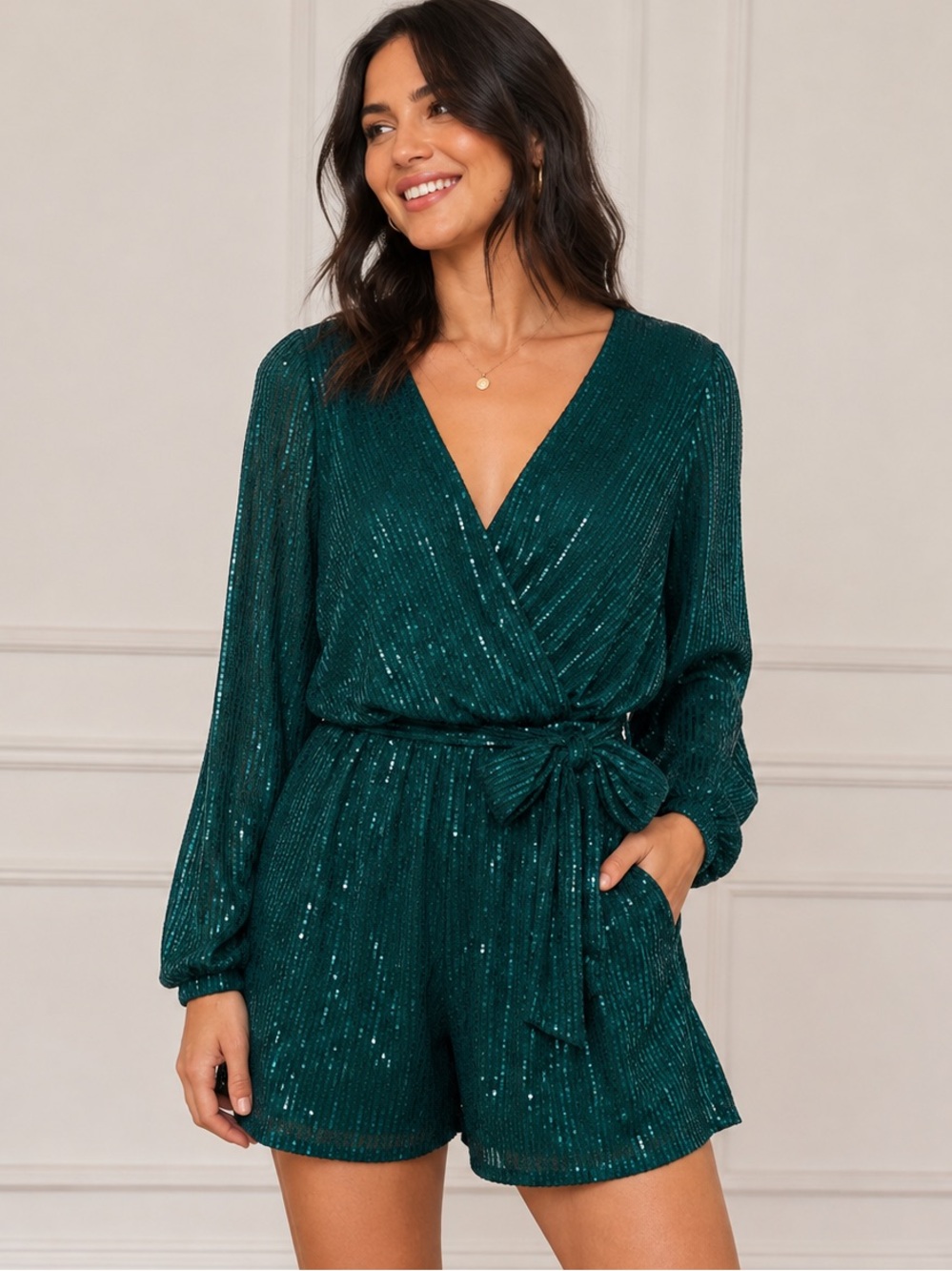 Dress Day Teal Sequin Wrap Romper Size L